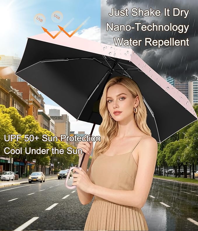 Mini Travel Umbrella with Carabiner Handle UPF 50+ Sun & Rain Protection Portable Manual Open Close Windproof Umbrella Small Compact Portable Parasol for Commuter Kids Women Men