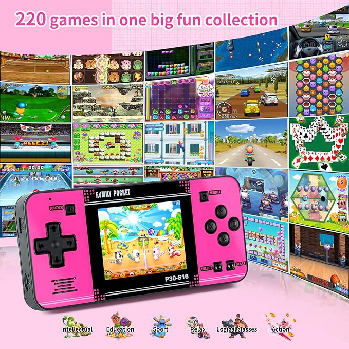 Handheld Game for Kids -Preloaded 220 Retro Video Games, Portable Gaming Player with Rechargeable Battery 3.0" LCD Screen, Mini Arcade Electronic Toy Gifts for Boys Girls (Black+Pink)