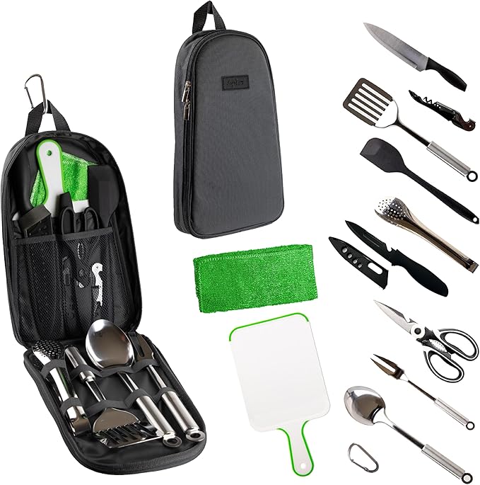 Life2Go 12 Piece Stainless Steel Camping Cooking Utensils Set, Portable Outdoor Kitchen Kit with Chef Knife, Tongs, Spatula, Scissors, Camp Cooking Gear with Carry Case for Hiking, BBQ & Travel, Gray