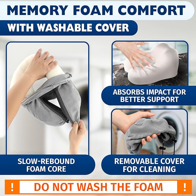 Plane Neck Pillow for Long Flights – 4-in-1 Set | Adjustable 100% Memory Foam Gray Airplane Pillow Neck Support, 3D Eye Mask, Earplugs, & Soft Washable Cotton Cover, Button Closure – Comfort Traveling