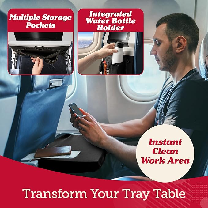 Lusso Gear Airplane Tray Table Cover with Pocket Storage - Sanitary Airplane Tray Cover - Seat Back Organizer for Personal Items - Airplane Travel Essentials for Long Haul Flights - Machine-Washable