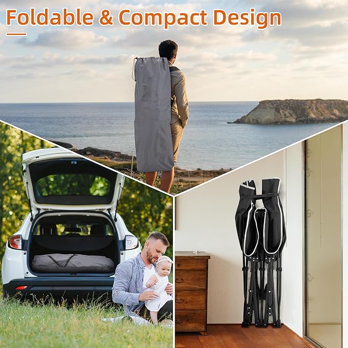 Fragess Portable Camping Cot, Sleeping Cots for Adults, 28" Extra Wide Heavy Duty Folding Cot Max Load 600LBS with Thick Mattress, Portable Camping Bed for Outdoor Camp/Office, Home Nap (Black)