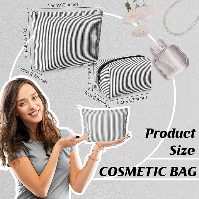 Huhumy 2 Pcs Makeup Bag Set Cute Cosmetic Pouch for Women Seersucker Travel Toiletry Bag Preppy Small Makeup Purse Pouch Aesthetic Skincare Brushes Storage Organizer for Valentine Women(Black)