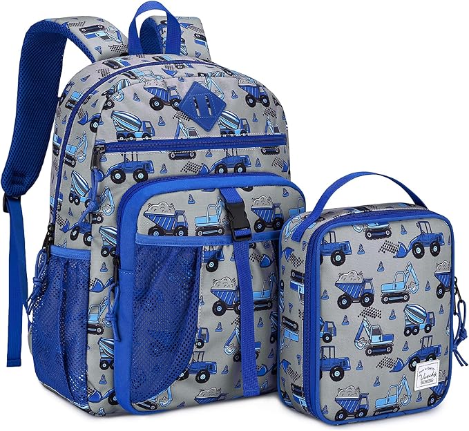 VASCHY Boy Kids Backpack & Lunch Bag Set, 2-in-1 School Bookbag with Insulated Lunch Box for Preschool, Daycare, Kindergarten & Elementary School – Construction Trucks