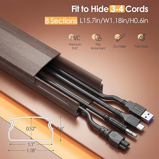 Yecaye TV Cord Hider, 125in Cord Cover, Large Cable Hider, Wire Covers for 4 Cords, Cable Raceway Wire Hider, Wire Hiders for TV on Wall, Cable Cover Cord Concealer, W1.18in H0.6in, Darkwood