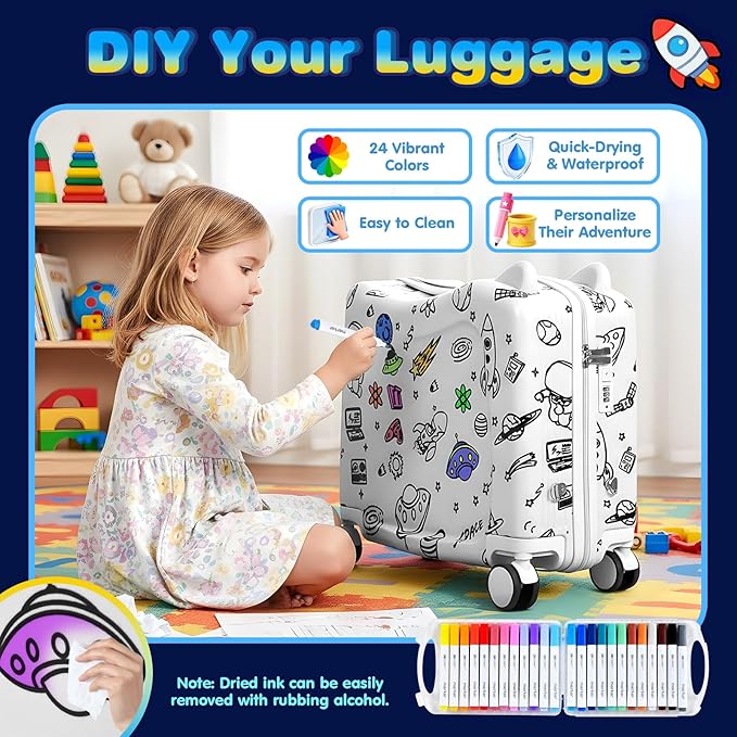 Kids Ride-On Suitcase with Cute Ears, DIY Graffiti Coloring Design, 20" Carry-On Luggage with 4 Spinner Wheels, Pull Rope & Combination Lock – Rideable Travel Case for Toddlers & Children(White)