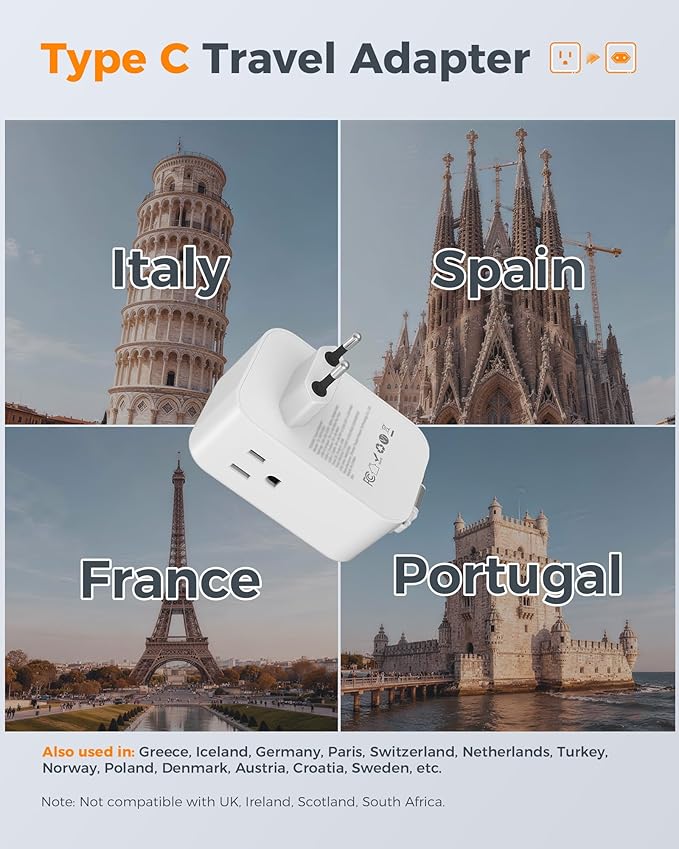 TESSAN European Travel Plug Adapter 2 Pack, Built-in 20W Retractable USB-C Cable, Type C Power Adapter with 3 AC Outlets 4 USB Ports for US to Europe EU Italy Spain France Greece Iceland Germany