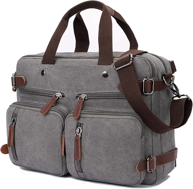 CROCOD 3 In 1 Canvas Convertible Laptop Bag for Men Women, 17.3 inch Laptop Messenger Bag Work Briefcase, Computer Shoulder Bag for Travel Business Office (17.3 Inch, Grey) | 3 In 1, Multi-pocket