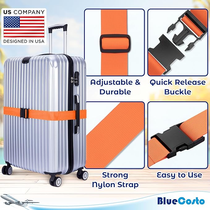 Luggage Straps for Suitcases - TSA Approved - Orange, 4 PK - Premium Nylon Belts for Suitcase, Briefcase & Travel Bag - Adjustable Strap Length 46" - 78"