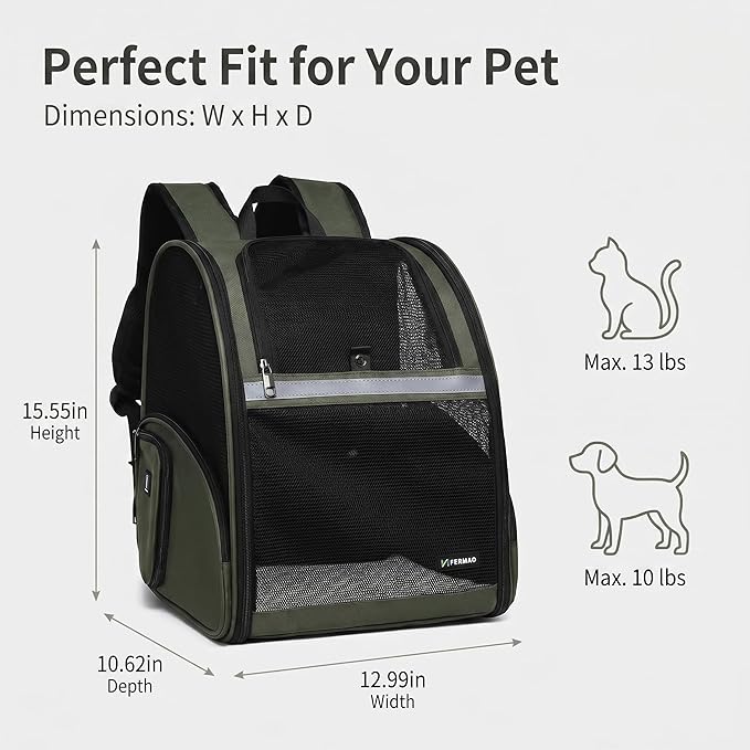 Cat Backpack Carrier for Small Dogs and Medium cat Puppy Kitten Bunny Pet Carrier Backpack Collapsible with Fully Ventilated Mesh with Safety Leash (DarkGreen, 12.9" L x 10.62" W x 15.5" H - M)