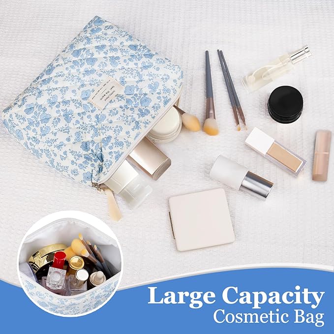 Gosect Large Makeup Bag, Cute Cosmetic Bag for Women Girls, Floral Coquette Aesthetic Toiletry Bag, Travel Make Up Organizer Bag(Blue Floral)