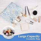 Gosect Large Makeup Bag, Cute Cosmetic Bag for Women Girls, Floral Coquette Aesthetic Toiletry Bag, Travel Make Up Organizer Bag(Blue Floral)