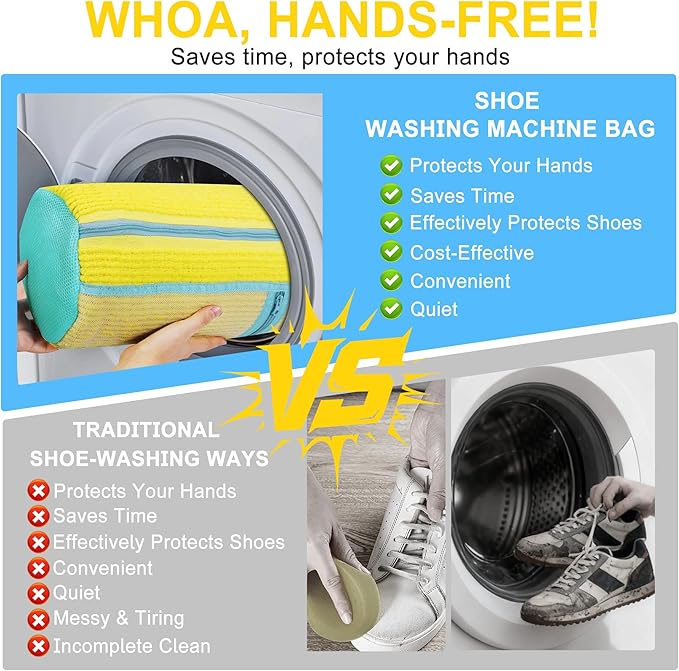 vorona Shoe Washing Machine Bag, 2PCS Reusable Shoe Bag for Washing Machine, 360° Deep Clean, Includes 4 Shoe Storage Dust Bags & 2 Drying Racks, XXL Laundry Shoe Bag for Sneakers Tennis Shoes, Yellow