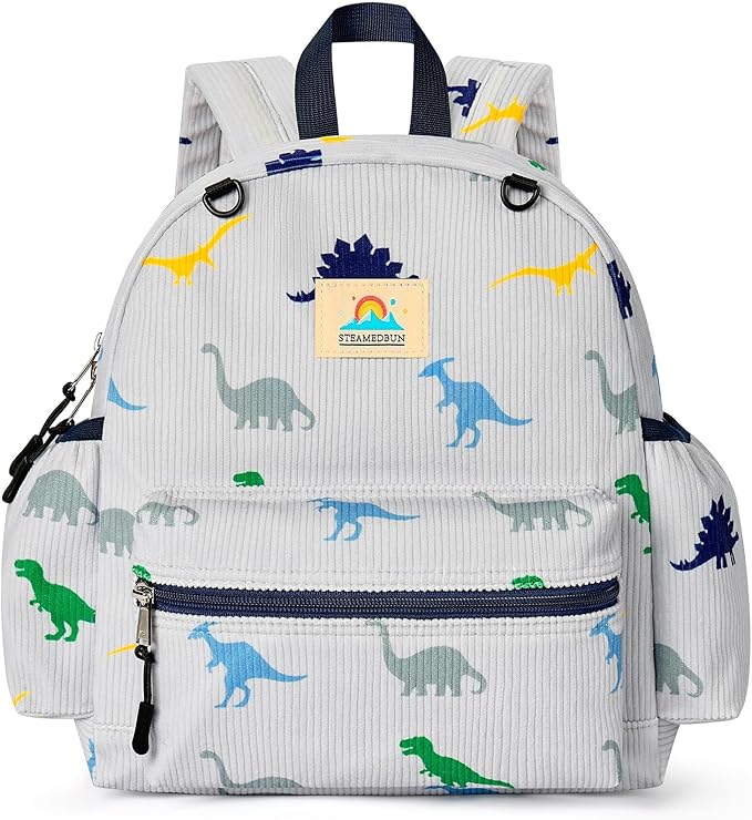 STEAMEDBUN Corduroy Toddler Backpack for Boys 2-4: Kids backpack for Boys Girls - 12 inch Preschool Kindergarten Backpacks - Dinosaur