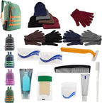 Bulk Case of 12 Backpacks, 12 Winter Item Sets, 12 Hygiene Supplies Kits - Bulk Supplies for Cold Weather, Emergencies, Homeless, Charity - Wholesale Unisex Winter Accessories