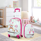 BABY JOY 2 PC Kids Luggage, 16" Toddlers Carry-on Suitcase & 12” Backpack Set, Children Travelling Case w/ 4 Casters & Retractable Handle, Lightweight Trolley Case for Boys & Girls (Owl)