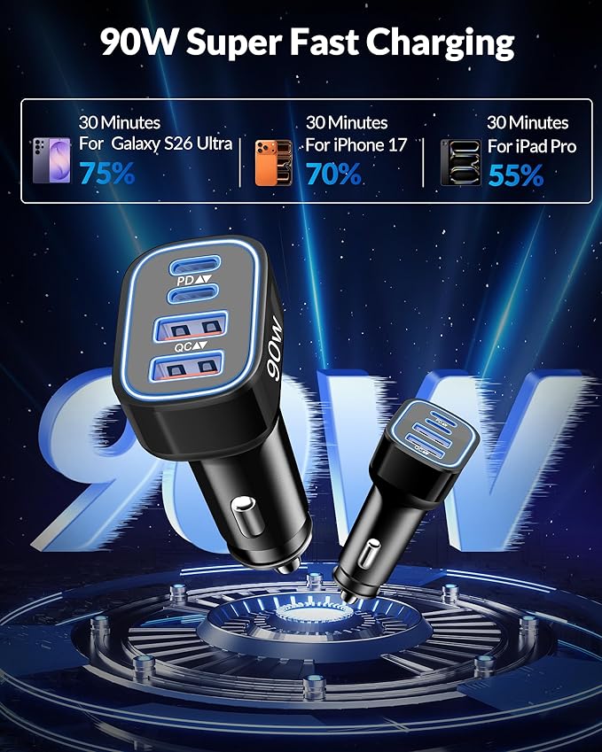 2 Pack 90W 4-Port Super Fast Type C Car Charger USB C for Samsung Galaxy S26/S25/S24/S23/ S22 Ultra, Android, iPhone 17/16/15, Cigarette Lighter USB Charger Car Adapter Accessories + 3FT USB-C Cable