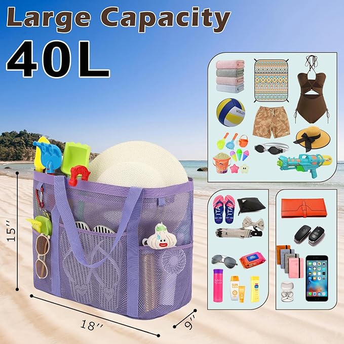 Fammart Mesh Beach Bag with Zipper, Large Beach Tote for Women, Toys Pool Swim Bag Travel Vacation Cruise Essentials