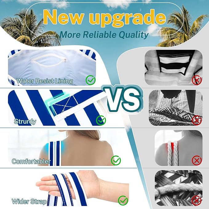 Iioscre Beach Bag for Women, Causal Hobo Pool Bags with Zipper Inner Pocket, Foldable Swim Tote Bag for Vacation Essentials