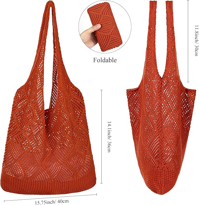 WantGor Crochet Bags, Beach Mesh Tote Bag Womens Shoulder Shopping Handbag Casual Travel Totes Bag Foldable Hobo Bags