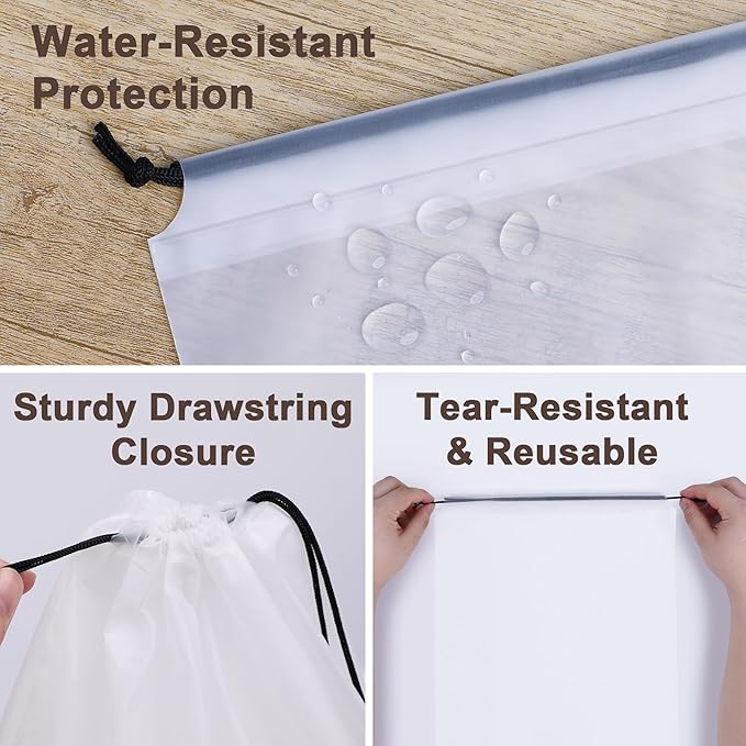 5 Pack Clear Shoe Bags for Travel, 15.7"×11.8" PEVA Drawstring, Water-Resistant, Fits up to Men’s 12–13, Reusable Storage for Shoes, Clothes & Toiletries, Keep Luggage Tidy & Odor-Free