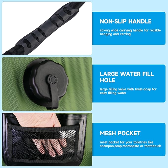 FENSAN Solar Portable Shower Bag, 5 Gal/20L Solar Heating Outdoor Camping Shower Bag with On-Off Switchable Shower Head&Removable Hose Suitable for Camping, Hiking, Travel, Beach Swimming