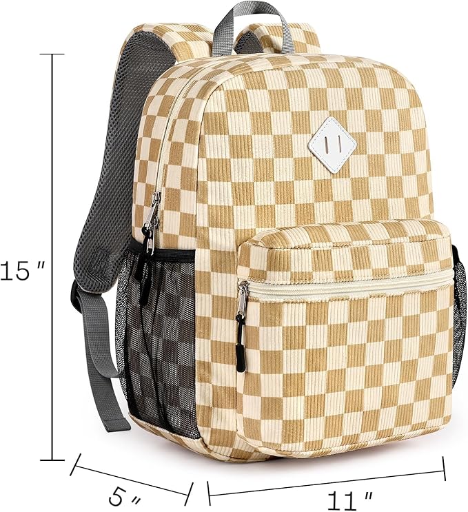 STEAMEDBUN Corduroy Kids Backpack for Girls Boys 3-8, Boys Girls Backpack for Elementary Kindergarten - Checkered
