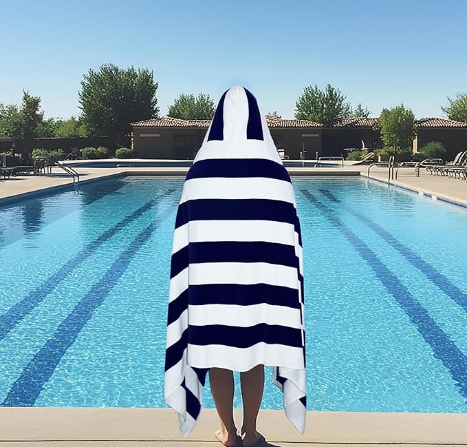 COTTON CRAFT Hooded Beach Towel - Oversized XXL 35x84 Towel with Hood for Adults - The Big Kahuna 7 Foot Beach Blanket Towel - Big & Tall Soft 100% Cotton Velour - Pool Bath Wrap - Cabana Stripe Navy