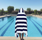 COTTON CRAFT Hooded Beach Towel - Oversized XXL 35x84 Towel with Hood for Adults - The Big Kahuna 7 Foot Beach Blanket Towel - Big & Tall Soft 100% Cotton Velour - Pool Bath Wrap - Cabana Stripe Navy
