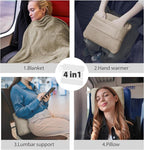 DEZ FURNISHINGS 4-in-1 Travel Compact Blanket Pillow Super Soft Velvet with Luggage Sleeve and Backpack Clip, Tan, 60" x 45"