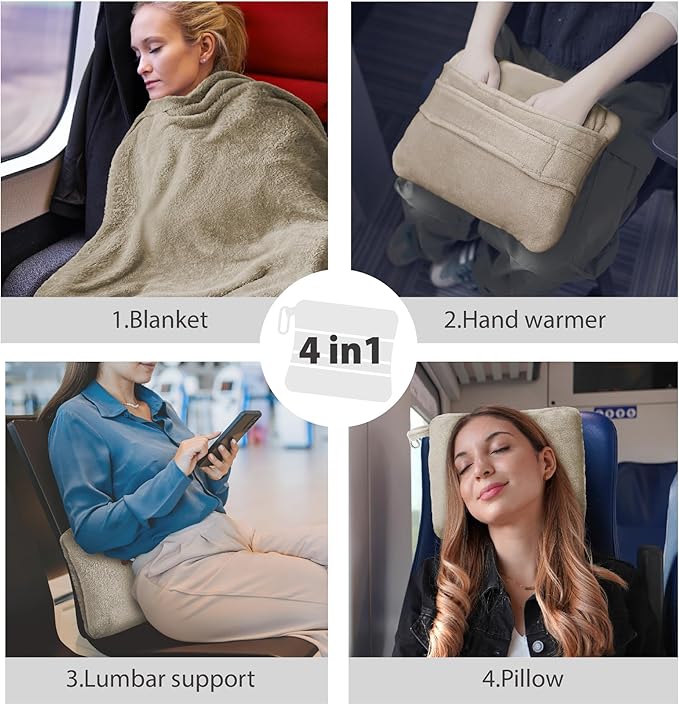 DEZ FURNISHINGS 4-in-1 Travel Compact Blanket Pillow Super Soft Velvet with Luggage Sleeve and Backpack Clip, Tan, 60" W x 45" H