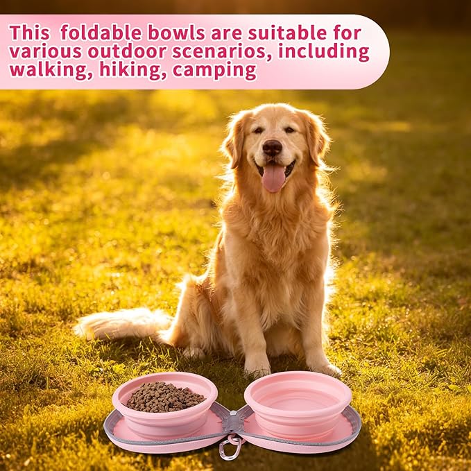 Dog Bowl for Travel, Collapsible Silicone Dog Dual Bowls with Dustproof Zip Case and Pet Paw Pattern 180 Degrees Flip Over Compact Foldable Feeder for Camping Hiking Trips