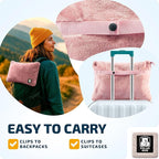 Travel Blanket and Pillow Set — Airplane Blanket with Inflatable Pillow and Cotton Case, Compact Travel Blanket with Back-Neck Snaps for Long Flights