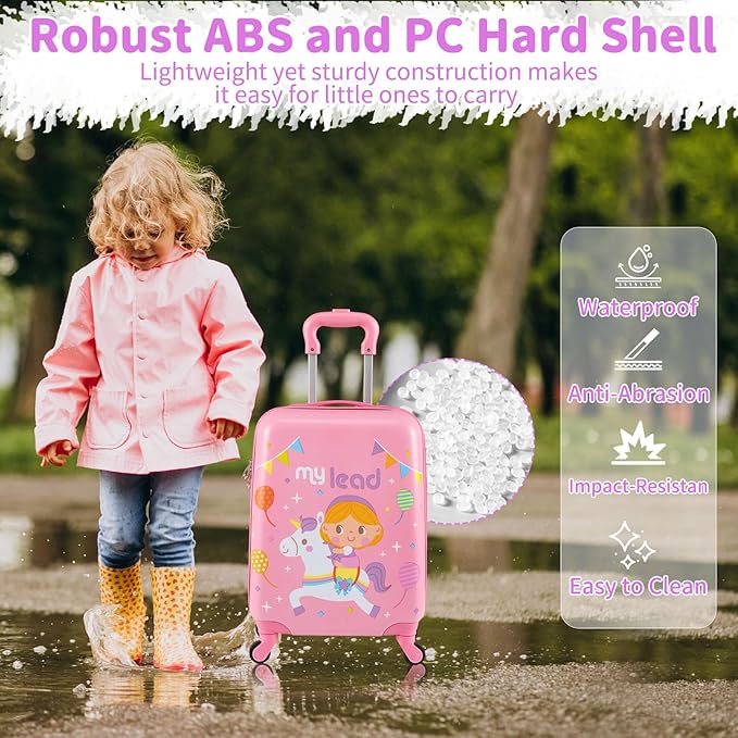 Goplus 2 PCS Kids Luggage, 13" & 16" Carry-on Suitcase w/Spinner Wheels, Telescopic Handle, Hard Shell Rolling Trolley Luggage for Toddler Boys Girls Travel, Airline Approved (Pink, Pony)