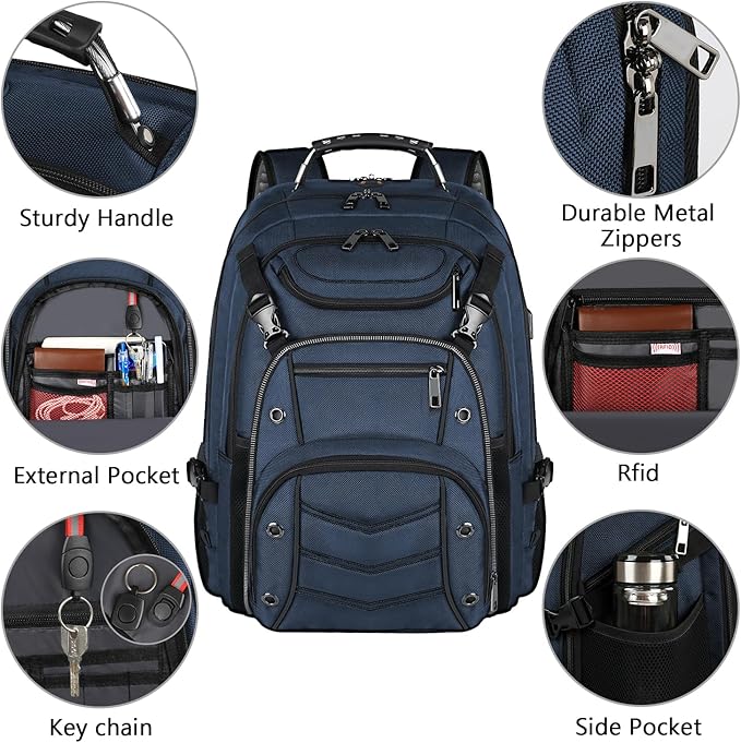 VECKUSON 18.4 Laptop Backpack for unisex, 60L Extra Large Gaming Laptops Back Bag,TSA Friendly Flight Approved and RFID Anti-Theft Pocket Heavy-duty Pack,21.3 * 15.7 * 11.8inch Blue