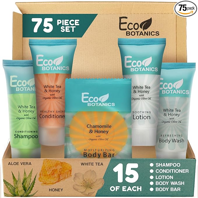Travel Size Hotel Toiletry Set 75 Count 0.85 oz Bottles Guest Amenities for Airbnb Vacation Rentals and Short Term Rentals Paraben Free White Tea Scent Infused with Aloe and Olive Oil by Eco Botanics