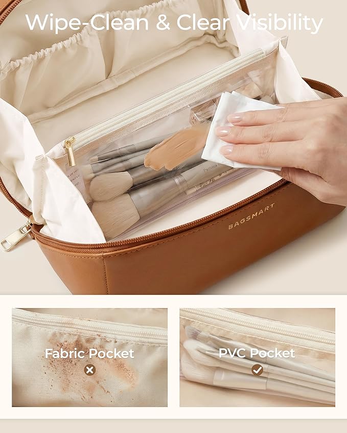 BAGSMART Makeup Bag Travel Cosmetic Bag, Large Make Up Bag Flat Open Toiletry Bag for Women, PU Leather Travel Essentials Organizer Case, Wide-open Pouch Purse for Skincare, Brushes, Coffee Brown