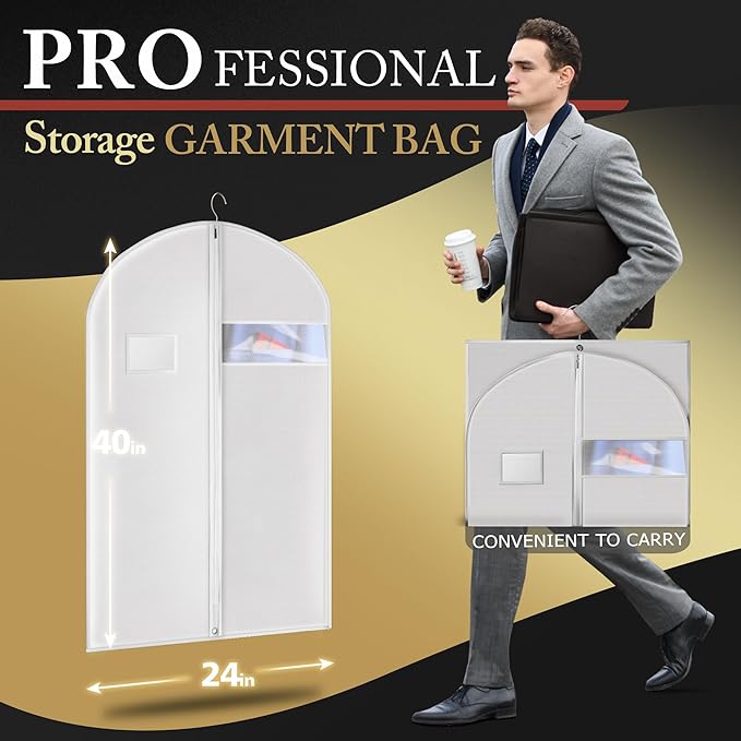 40-inch Garment Bags for Travel, Garment Bags for Hanging Clothes with Zipper and Visible Transparent Window, 2 Pack,White