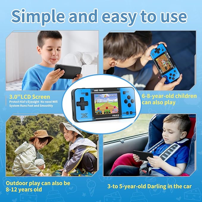 Handheld Game for Kids -Preloaded 220 Retro Video Games, Portable Gaming Player with Rechargeable Battery 3.0" LCD Screen, Mini Arcade Electronic Toy Gifts for Boys Girls (Black+Blue)
