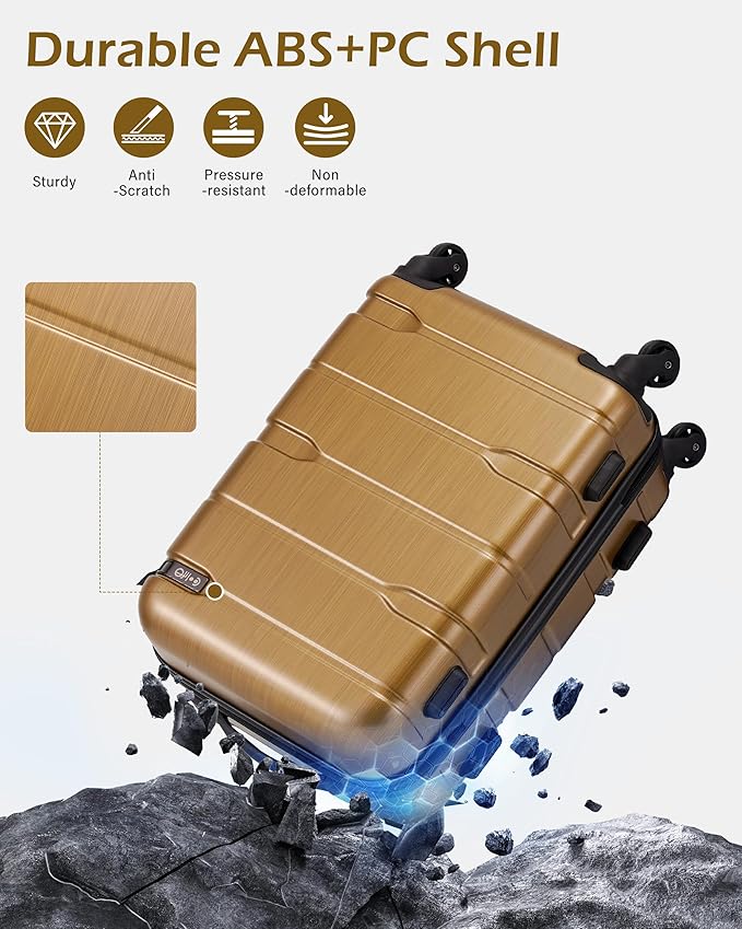 Coolife Medium Checked Luggage Hardside PC+ABS Suitcase with TSA Lock, Lightweight Rolling Carry On with Spinner Wheels(Black Brown, 24in)