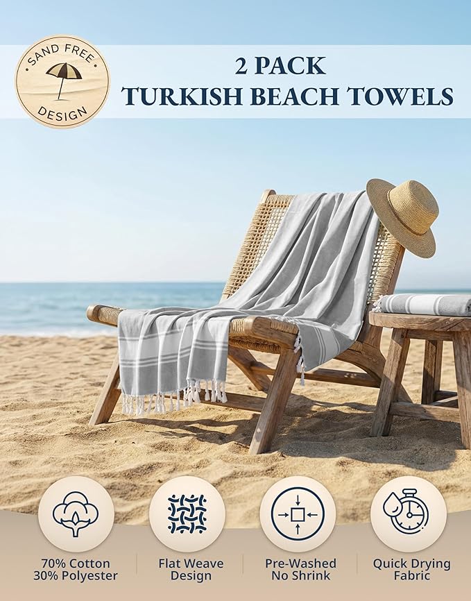 LANE LINEN Extra Large Beach Towels 2 Pack – Oversized 39"x71", Pre-Washed, Quick Dry, Sand-Free & Absorbent Pool Towels, Stylish & Lightweight for Women – Grey