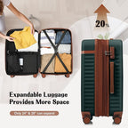 Merax 3 Piece Luggage Set ABS Hardside Suitcase Sets with Spinner Wheels and TSA Lock, 20 inch with Front Opening Design and USB Port, 20" Airline Certified Carry-on Luggage, 20" 24" 28", Dark Green