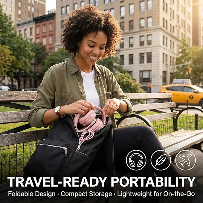 Wired Headphones, Premium Over-Ear Headset with Hi-Fi Stereo Sound, Noise-Isolating Ear Cushions, Lightweight Comfortable Design, Tangle-Free Cable, Ideal for Work, Travel, Daily(Rose Gold)