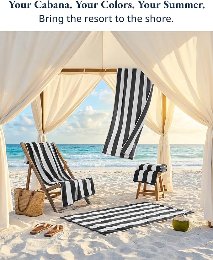 LANE LINEN Beach Towels 4 Pack - 520 GSM, (30" x 60") 100% Cotton Pool Towel for Adults - Thick & Highly Absorbent Extra Large Beach Towel - Super Soft & Quick Dry Cabana Stripe Pool Towel Set - Grey