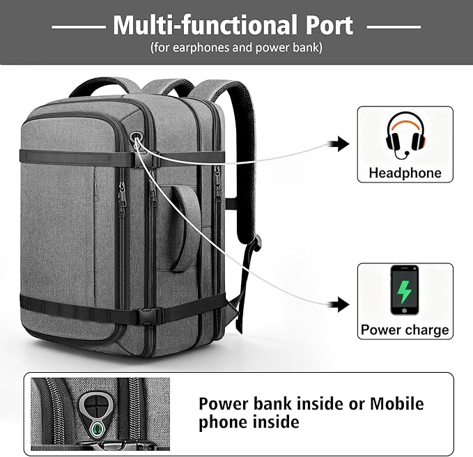 Spacious Carry On Backpack,Expandable Large 1-7DAYS Capacity Travel Backpack with Cable Access Port,Fits 18.4" Laptop,Anti Theft Water Resistant Work Backpack for Men Women,Extended Travel Work,Grey