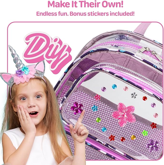 Bagseri Clear Backpack for Girls - 15 Inch Heavy Duty Kids Clear Bookbag for Kindergarten to Grade 2, Transparent School Bag with Reflective Strip, Fits Folders, Deep Purple Unicorn
