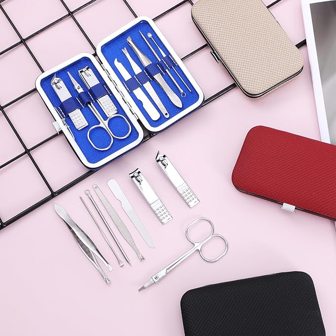 16 Pack Manicure Set Bulk – Professional 8-in-1 Stainless Steel Nail Clippers Kit with Travel Case, Grooming Pedicure Tools for Men & Women – Ideal Personal Care Gift (Black, Dark Red, Blue, Brown)