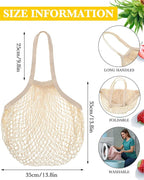 Woanger 24 Pcs Reusable Cotton Mesh Produce Shopping Bags Long Handle Washable Grocery Net Portable Fruit and Vegetable Cotton String Bags Beige Net Tote Organizer