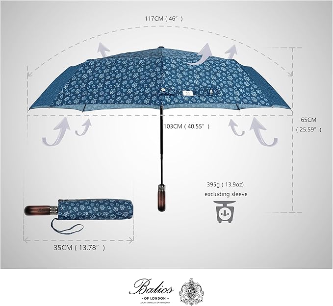 Balios Travel Folding Umbrella with Real Wood Handle Auto Open Close Vented Windproof Canopy - Designed in UK