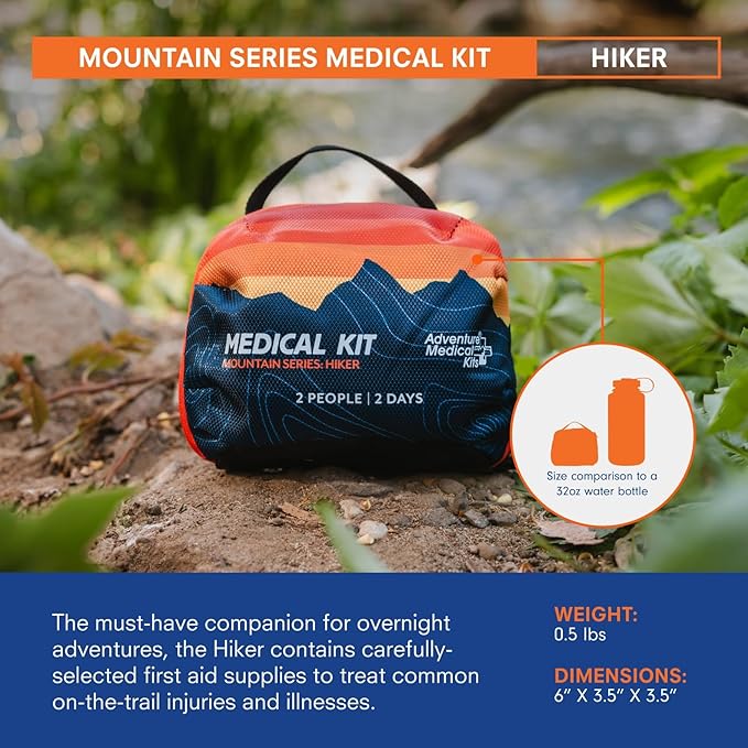 Adventure Medical Kits Mountain Series Medical Kit - Hiker - Emergency Medical First Aid Kit - for 2 People for 2 Days - Comes with a Trauma Pad, Medicine, Guide Book & More - Sunset